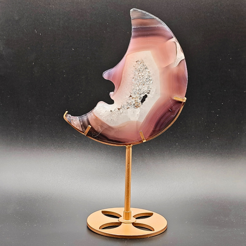 Halvmne i Gr/Pink Agat med Druzy  ca. 22 cm hj