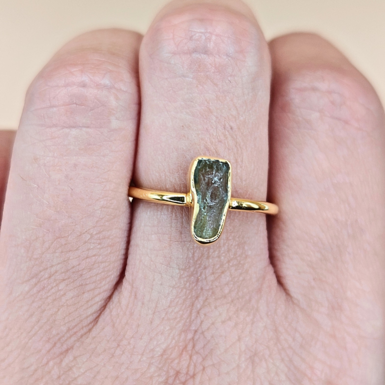 Moldavit Ring i Forgyldt s925 S�lv